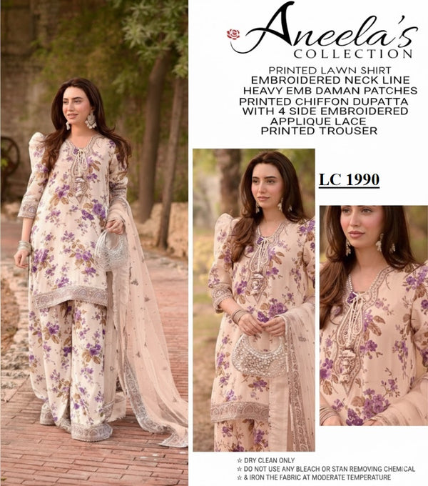 Aneelas Lawn Embroidered & Printed 3 Piece Dress - 1890 PEACH