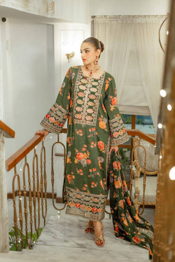 Aneelas Silk Dress Embroidered 3 Piece Unstitched LUX-15 (Green)