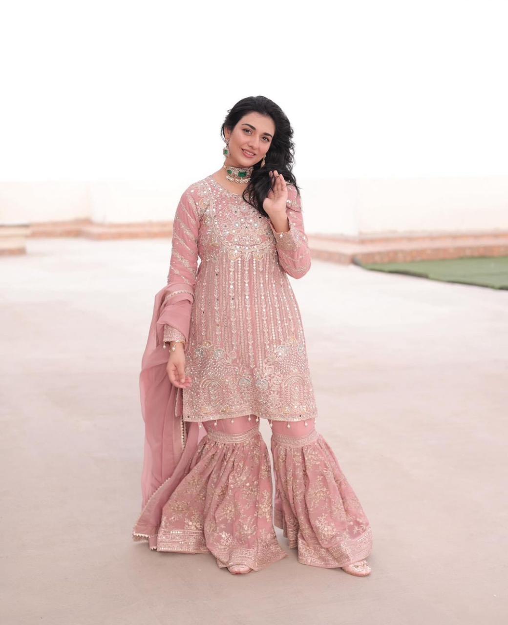 Sara Khan Haseens Peach Formal Collection Chiffon Gharara Design No : 1648