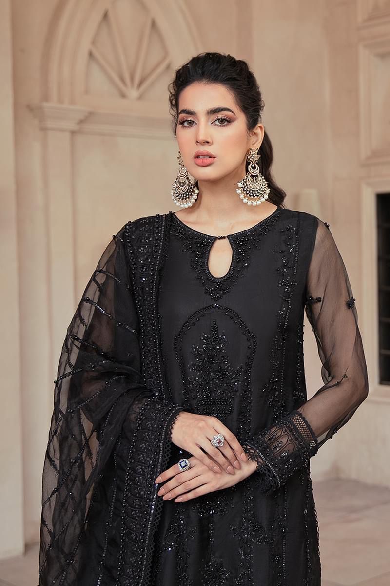 LANAH - Jet Black 3 Piece Embroidered Net Suit with Net Dupatta – Ruby  Designs