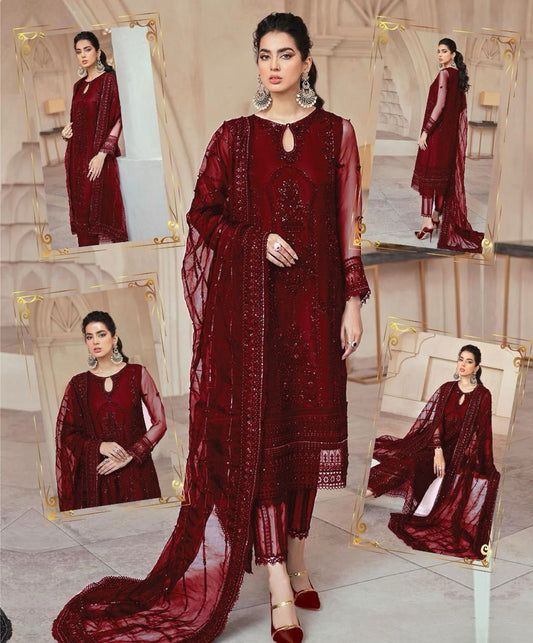 Mushq Formal Net Dress  Mehroon - 1567