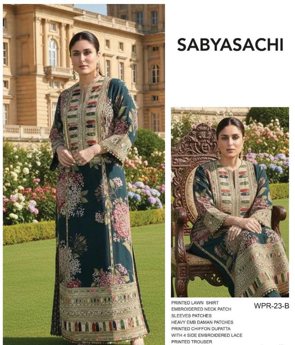 Sabyasachi Lawn Embroidered & Printed 3 Piece Dress - 1898